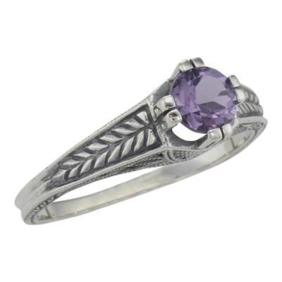 Beautiful Victorian Style Amethyst Solitare Filigree Ring - Sterling Silver - FR-55-AM