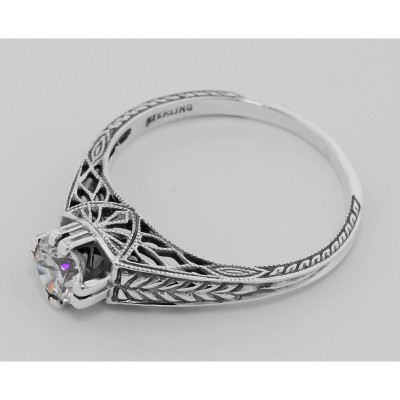 Beautiful Victorian Style CZ Solitare Filigree Ring - Sterling Silver - FR-55-CZ