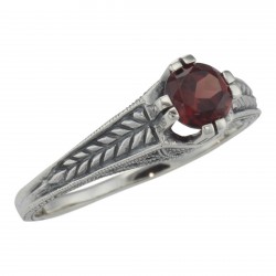 Victorian Style Natural Red Garnet Solitaire Filigree Ring Sterling Silver