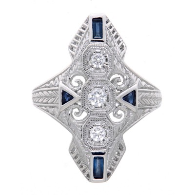 Art Deco Style Filigree CZ Ring Blue Sapphires 14kt White Gold - FR-60-CZ-WG