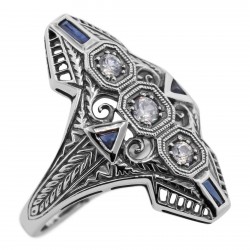 Art Deco Filigree Ring White Topaz Blue Sapphire Accent Sterling Silver
