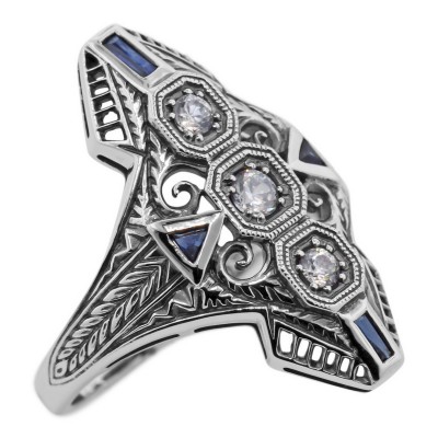 Art Deco Filigree Ring White Topaz Blue Sapphire Accent Sterling Silver - FR-60-WT
