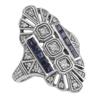 Art Deco Style White Topaz / Genuine Blue Sapphire Ring - Sterling Silver - FR-61-S-WT