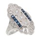 14kt White Gold CZ and Sapphire Filigree Ring - Art Deco Style - FR-61-CZ-WG