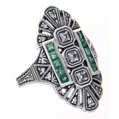 Art Deco Style White Topaz / Emerald Accent Gemstone Ring Sterling Silver - FR-61-WT-E