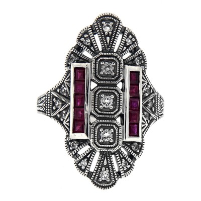 Art Deco Style White Topaz / Red Ruby Gemstone Ring - Sterling Silver - FR-61-WT-R