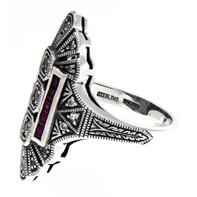 Art Deco Style White Topaz / Red Ruby Gemstone Ring - Sterling Silver - FR-61-WT-R