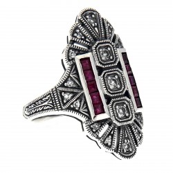 Art Deco Style White Topaz / Red Ruby Gemstone Ring - Sterling Silver