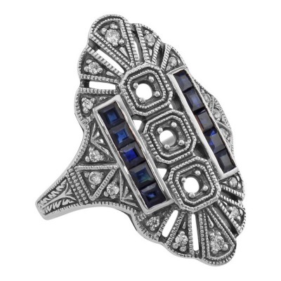 3 Stone Semi Mount Sapphire Ring - Art Deco Style - Sterling Silver - FR-61-SEMI