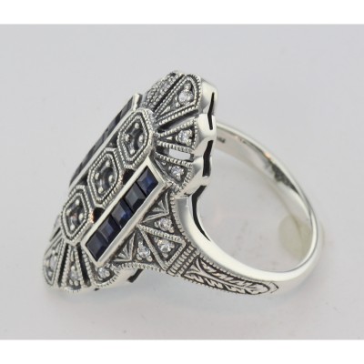 3 Stone Semi Mount Sapphire Ring - Art Deco Style - Sterling Silver - FR-61-SEMI
