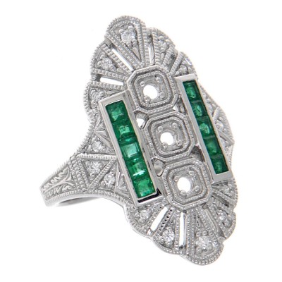 14kt White Gold Semi Mount Diamond and Emerald Ring - Art Deco Style - FR-61-SEMI-E-WG