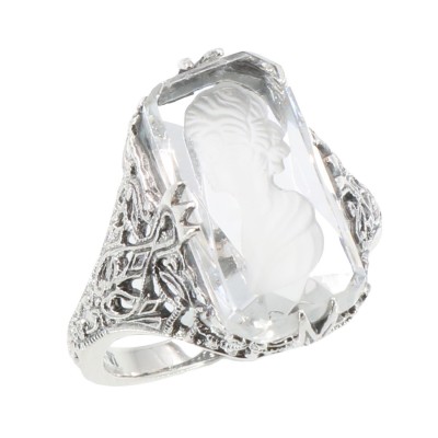 Roman Style Clear Crystal Reverse Intaglio Filigree Ring - Sterling Silver - FR-633-CLR