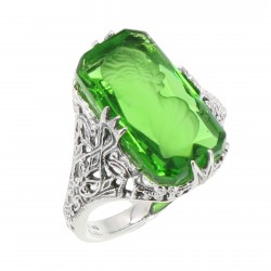 Roman Style Green Crystal Reverse Intaglio Filigree Ring Sterling Silver