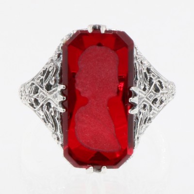 Roman Style Red Colored Crystal Reverse Intaglio Filigree Ring - Sterling Silver - FR-633-R