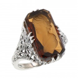 Roman Style Brown Crystal Reverse Intaglio Filigree Ring Sterling Silver