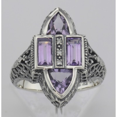 Antique Style Four Stone Amethyst and Diamond Ring - Sterling Silver - FR-652-AM