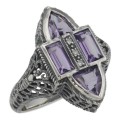 Antique Style Four Stone Amethyst and Diamond Ring - Sterling Silver