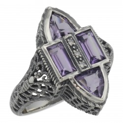 Antique Style Four Stone Amethyst and Diamond Ring - Sterling Silver