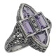 Antique Style Four Stone Amethyst and Diamond Ring - Sterling Silver - FR-652-AM