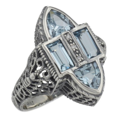 Antique Style Four Stone Blue Topaz and Diamond Ring - Sterling Silver - FR-652-BT