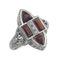 Antique Style Four Stone Red Garnet and Diamond Ring - Sterling Silver