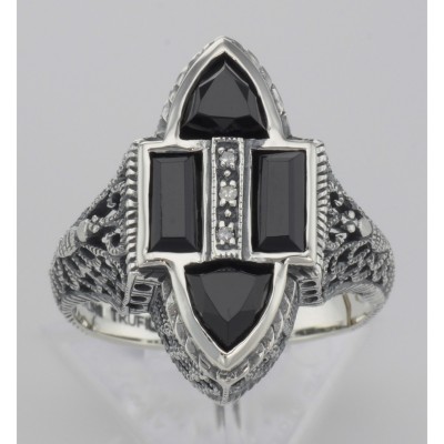 Antique Style Four Stone Black Spinel and Diamond Ring - Sterling Silver - FR-652-O