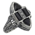 Antique Style Four Stone Black Spinel and Diamond Ring - Sterling Silver