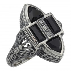 Antique Style Four Stone Black Spinel and Diamond Ring - Sterling Silver