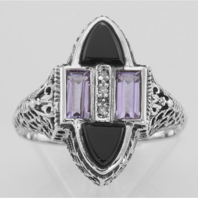 Antique Style Four Stone Black Spinel Amethyst  Diamond Ring Sterling Silver - FR-652-O-AM
