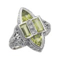 Antique Style Four Stone Peridot and Diamond Ring - Sterling Silver
