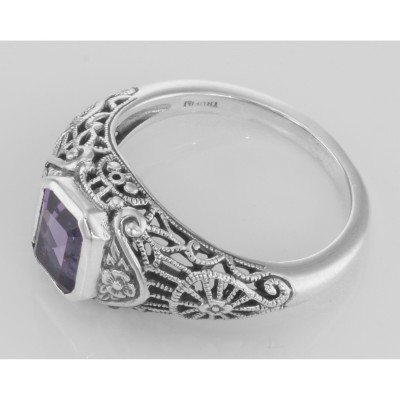 Antique Style Amethyst Filigree Ring with Flower Design - Sterling Silver - FR-67-AM