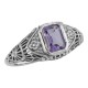 Antique Style Amethyst Filigree Ring with Flower Design - Sterling Silver - FR-67-AM