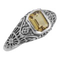 Victorian Style Citrine Filigree Ring with Floral Design - Sterling Silver