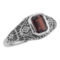 Victorian Style Garnet Filigree Ring with Floral Design - Sterling Silver