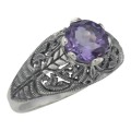 Victorian Style Genuine Amethyst Solitaire Filigree Ring - Sterling Silver