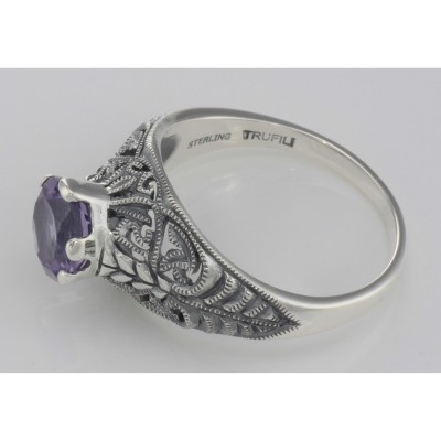 Victorian Style Genuine Amethyst Solitaire Filigree Ring - Sterling Silver - FR-698-AM