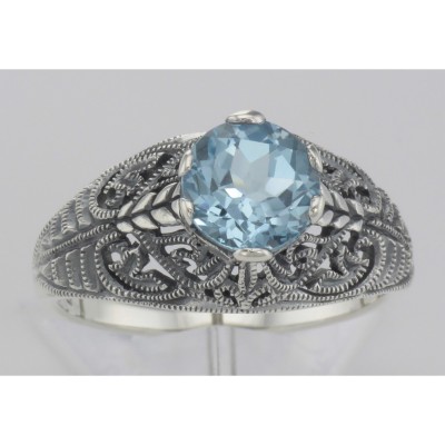 Victorian Style Genuine Blue Topaz Solitaire Filigree Ring - Sterling Silver - FR-698-BT
