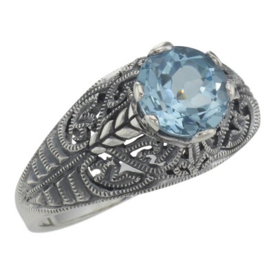 Victorian Style Genuine Blue Topaz Solitaire Filigree Ring - Sterling Silver - FR-698-BT