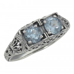 Antique Victorian Style Blue Topaz Filigree Ring Sterling