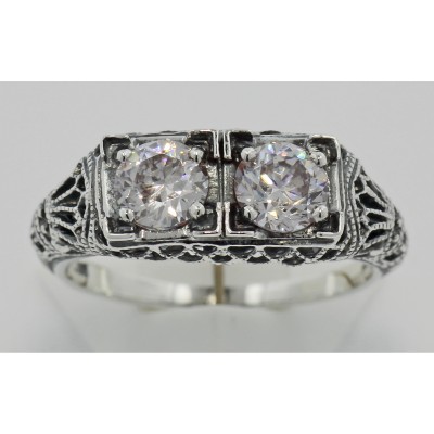 Art Deco Filigree Two Stone CZ Ring - Sterling Silver - FR-699-CZ