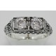 Art Deco Filigree Two Stone CZ Ring - Sterling Silver - FR-699-CZ