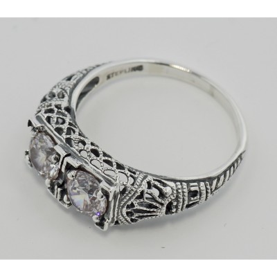 Art Deco Filigree Two Stone CZ Ring - Sterling Silver - FR-699-CZ Art Deco Filigree Two Stone CZ Ring - Sterling Silver - FR-699-CZ