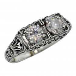 Art Deco Filigree Two Stone CZ Ring - Sterling Silver
