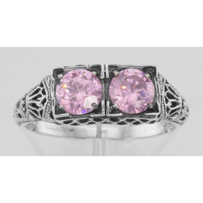 Beautiful Two Stone Pink CZ Filigree Ring - Sterling Silver - FR-699-PINK