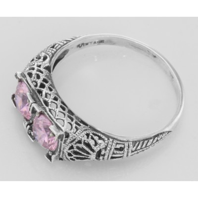 Beautiful Two Stone Pink CZ Filigree Ring - Sterling Silver - FR-699-PINK