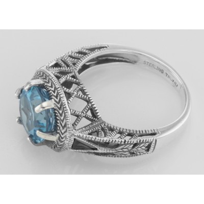 Victorian Style Blue Topaz Solitaire Ring Sapphire Accents Sterling Silver - FR-70-BT