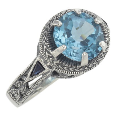 Victorian Style Blue Topaz Solitaire Ring Sapphire Accents Sterling Silver - FR-70-BT
