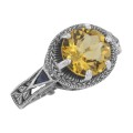 Victorian Style Citrine Solitaire Ring Sapphires Accents - Sterling Silver
