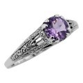 Antique Style Purple Amethyst Filigree Solitaire Ring - Sterling Silver