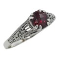 Antique Style Red Garnet Filigree Solitaire Ring - Sterling Silver